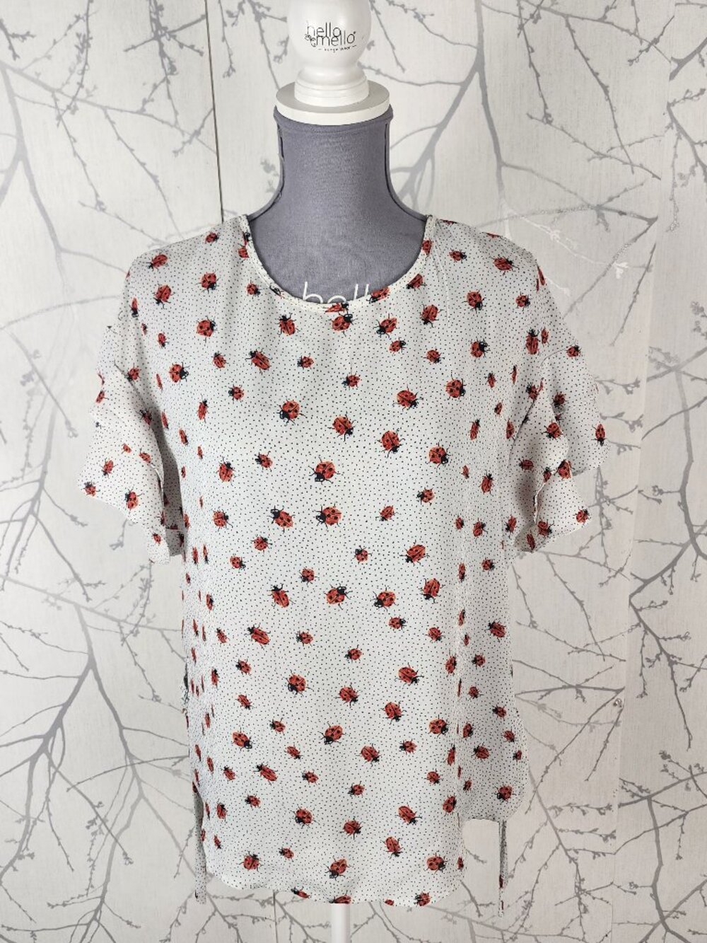 Como Black Ladybugs Printed Flutter Sleeve Top